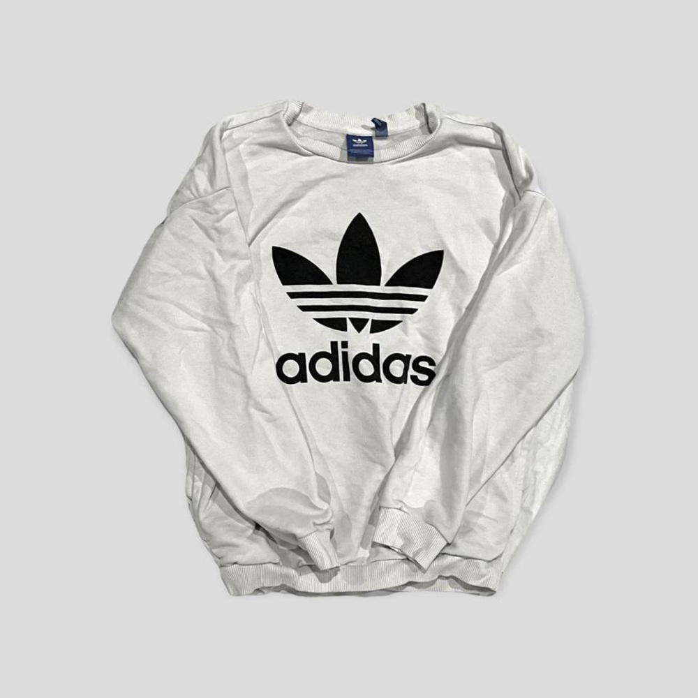 ADIDAS WHITE TREFOIL LOGO CREWNECK SWEATSHIRT WITH POCKETS SIZE XS